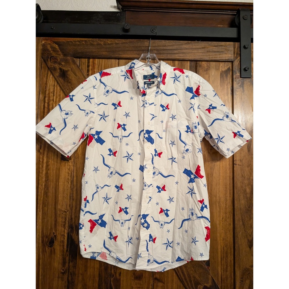 George Mens Texas Print Short Sleeve Button Down Shirt White Red Blue Small